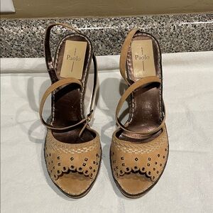 Paolo Tan Suede Scallop Peep-Toe Slingback Heels